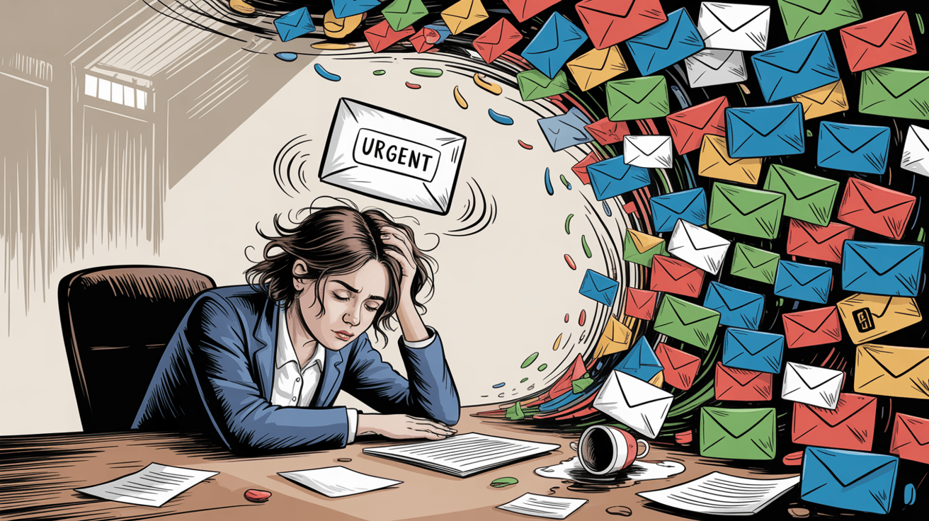 Professional worker overwhelmed by chaotic swirl of colorful email notifications and messages in modern office setting